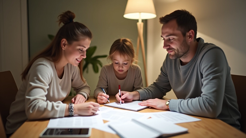 Familie sitzt am Esstisch und diskutiert über Finanzplanung