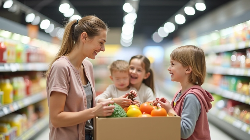Familie beim Einkaufen von Lebensmitteln im Supermarkt, zeigt alltägliche Grundbedarf Ausgaben