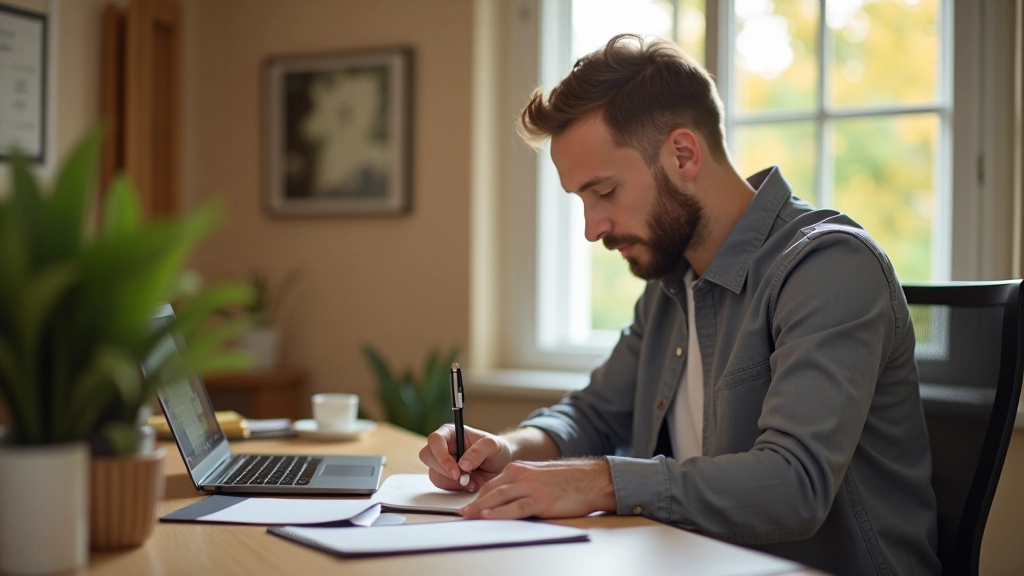 Person schreibt konkrete finanzielle Ziele mit Beträgen und Daten auf ein Notizbuch