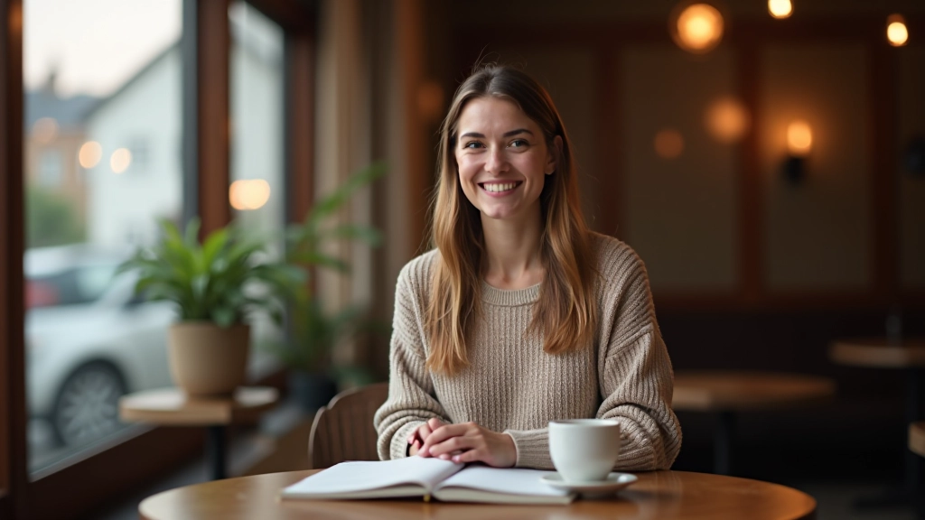 Frau genießt Kaffee in einem Café, entspannter Moment mit Buch und Entspannung