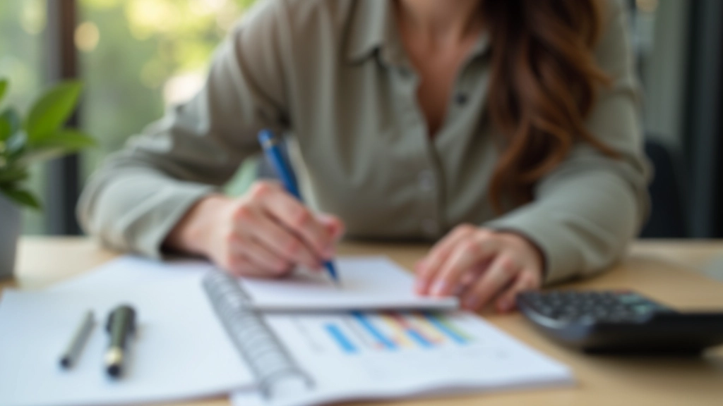 Frau arbeitet an Budget und Finanzplan mit Notizen
