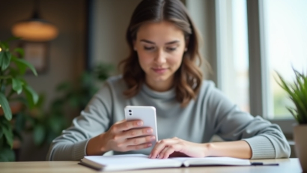 Frau nutzt Finanz-Tracking-App auf ihrem Smartphone am Schreibtisch